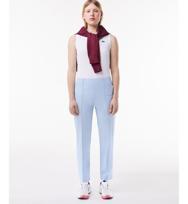 LACOSTE「UPF30+ UVカット センタークリース ストレッチテーパードスリムパンツ / ゴルフパンツ」|チノ|
