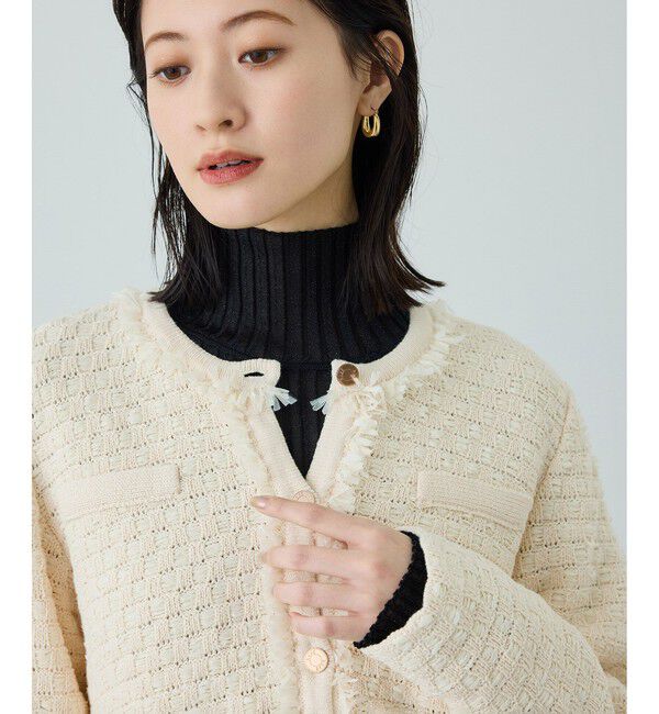 ROPE「ニットフリンジジャケット」|ノーカラージャケット|