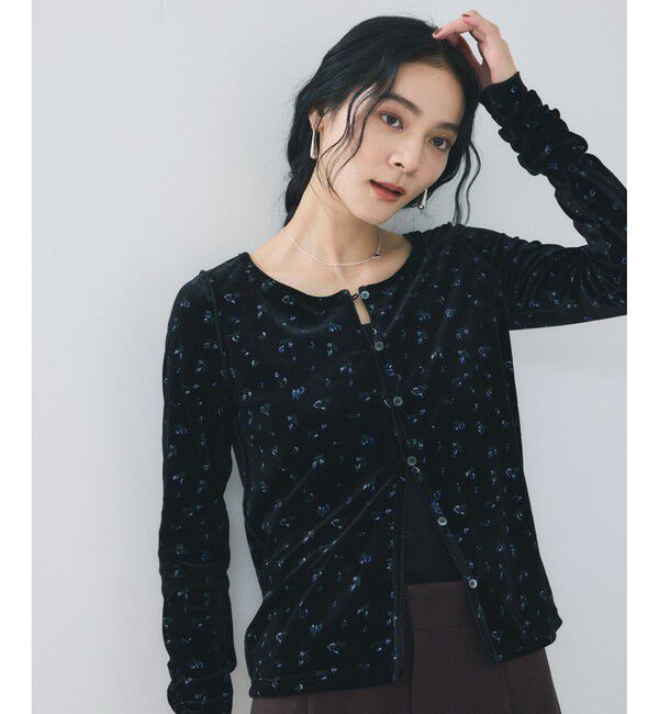 VIS「【2WAY】花柄＆無地アソート袖シャーリングベロアカーディガン」|カーディガン|