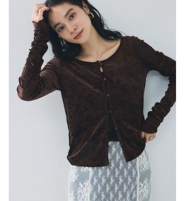 VIS「【2WAY】花柄＆無地アソート袖シャーリングベロアカーディガン」|カーディガン|