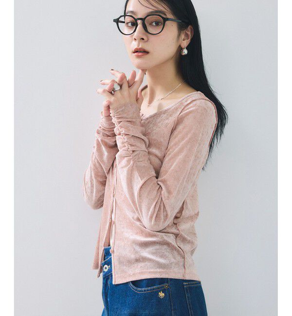 VIS「【2WAY】花柄＆無地アソート袖シャーリングベロアカーディガン」|カーディガン|