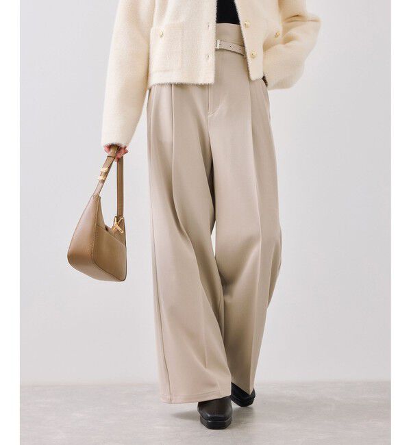 VIS「ベルトディテールタックワイドパンツ/イージーケア」|チノ|ベージュ(27)