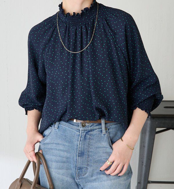  「ハイネックシャーリングドットブラウス」|シャツ・ブラウス|ネイビー