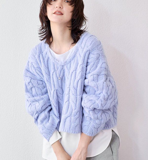  「【大人のこなれ感を演出】フリンジネックケーブルニット」|ニット・セーター|サックスブルー
