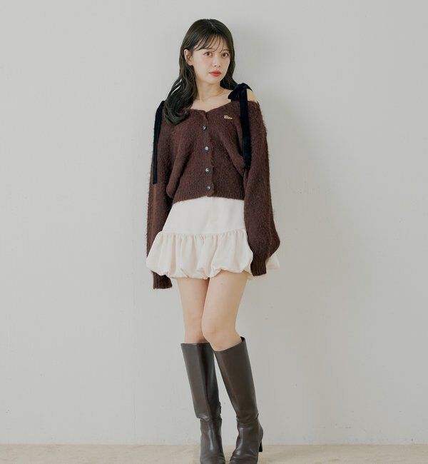  「【ブローチ取外し可】ベロアリボンルーズニットカーディガン」|カーディガン|