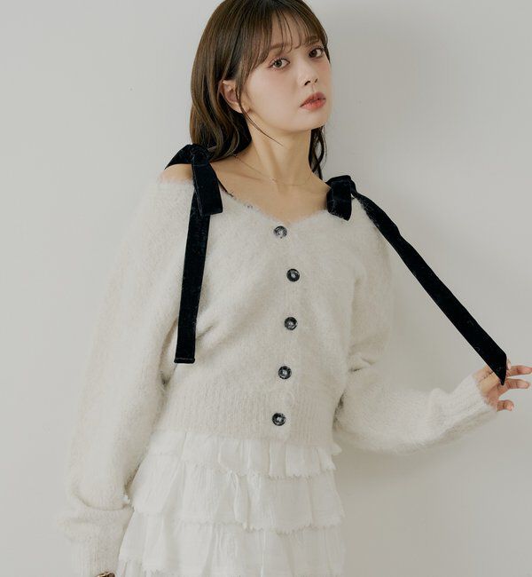  「【ブローチ取外し可】ベロアリボンルーズニットカーディガン」|カーディガン|