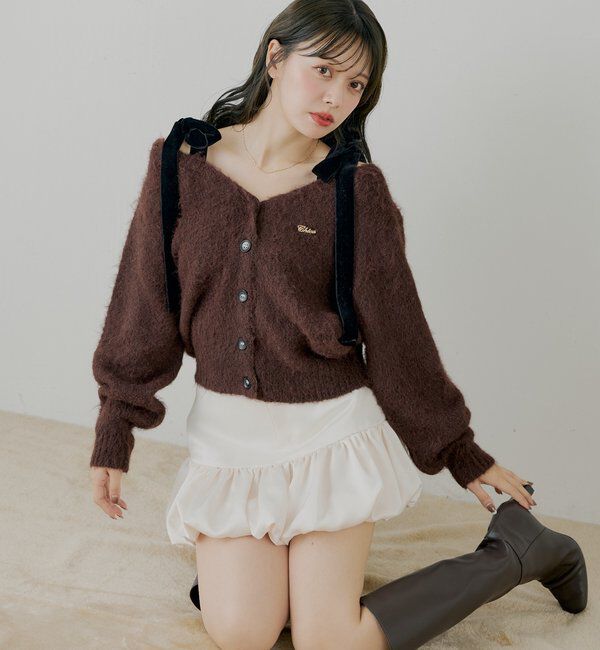  「【ブローチ取外し可】ベロアリボンルーズニットカーディガン」|カーディガン|ブラウン