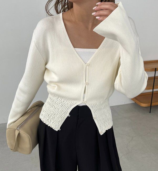  「【スタイルアップ効果◎】裾シャーリングリブカーディガン」|カーディガン|