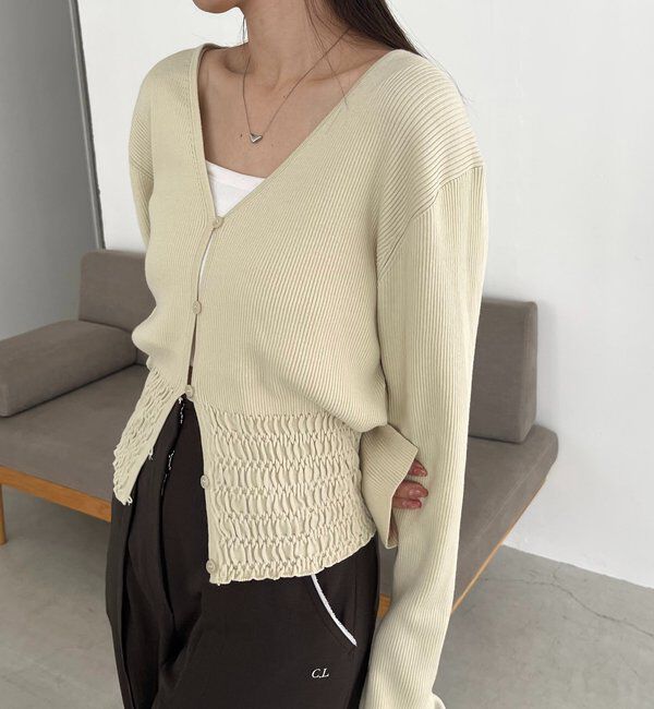  「【スタイルアップ効果◎】裾シャーリングリブカーディガン」|カーディガン|