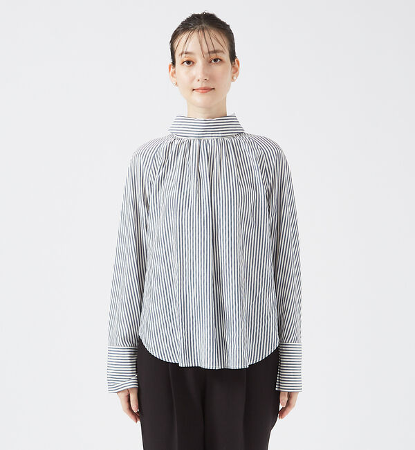 qualite「ストライプハイネックギャザーブラウス」|シャツ・ブラウス|