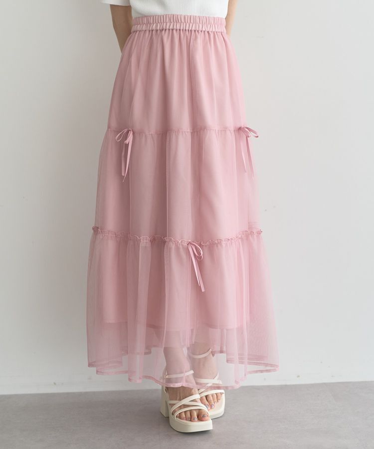 earth music&ecology「リボンチュールティアードスカート」|フレア|Pink