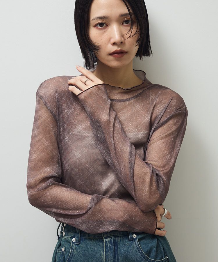 Green Parks「シアー柄プルオーバー」|Tシャツ・カットソー|チェックブラウン