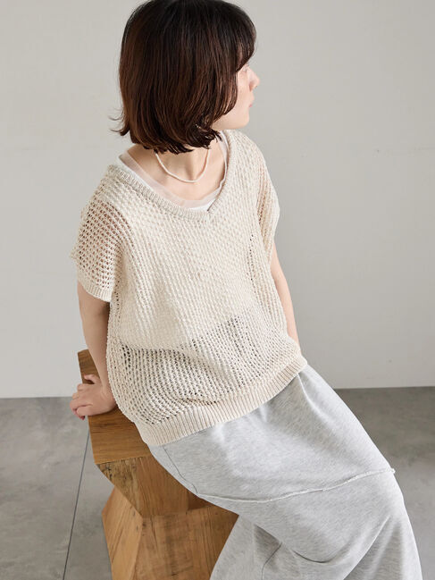 Samansa Mos2 blue「メランジラメメッシュニットベスト」|ニット・セーター|