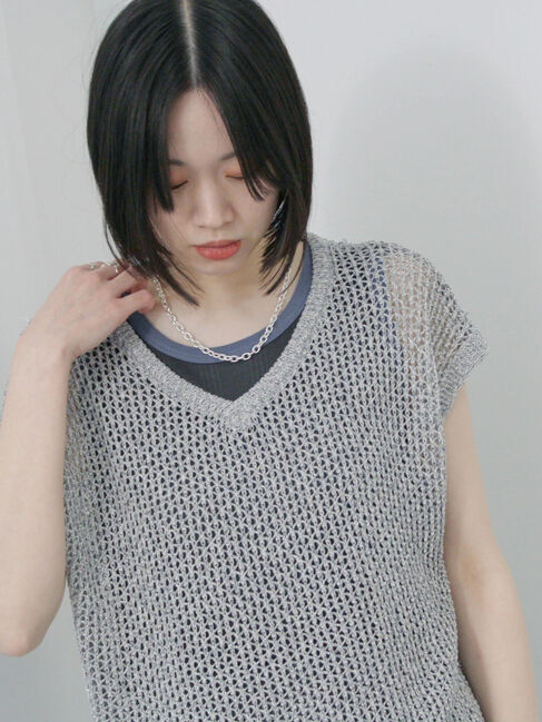 Samansa Mos2 blue「メランジラメメッシュニットベスト」|ニット・セーター|