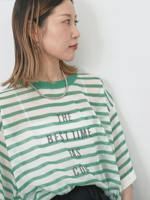 Samansa Mos2 blue「ボーダーロゴニットプルオーバー」|ニット・セーター|