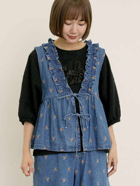 Samansa Mos2「刺繍デニムベスト」|ダウンベスト・ベスト|