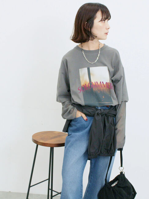 Samansa Mos2 blue「袖シフォンレイヤードプルオーバー」|Tシャツ・カットソー|