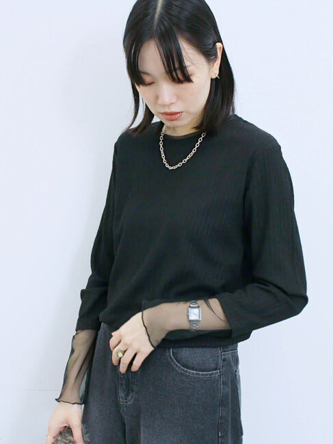 Samansa Mos2 blue「膨れジャガード袖チュールプルオーバー」|Tシャツ・カットソー|