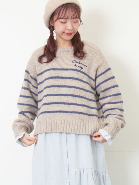 Samansa Mos2「ロゴ刺繍パネルボーダーニット」|ニット・セーター|グレー