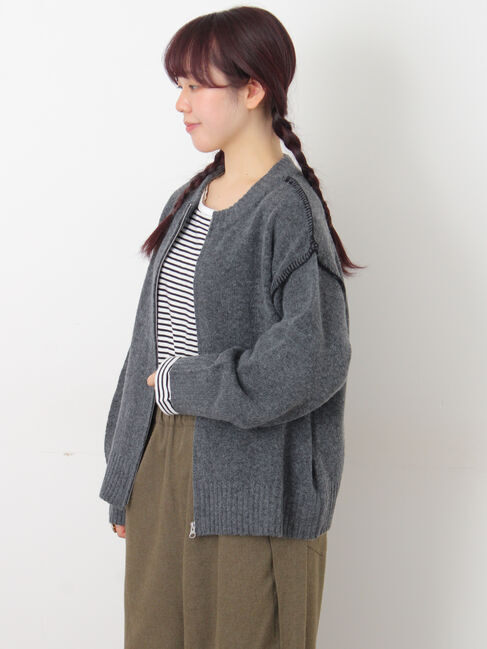 Samansa Mos2「かがりステッチZIPニットカーディガン」|カーディガン|チャコールグレー