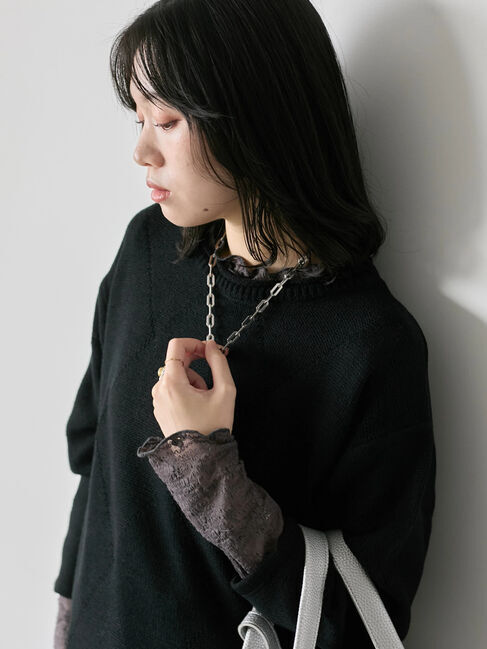 Samansa Mos2 blue「【帯電防止】袖口レースプルオーバー」|Tシャツ・カットソー|