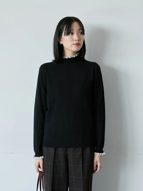 Samansa Mos2 blue「配色フリル衿ニットプルオーバー」|ニット・セーター|