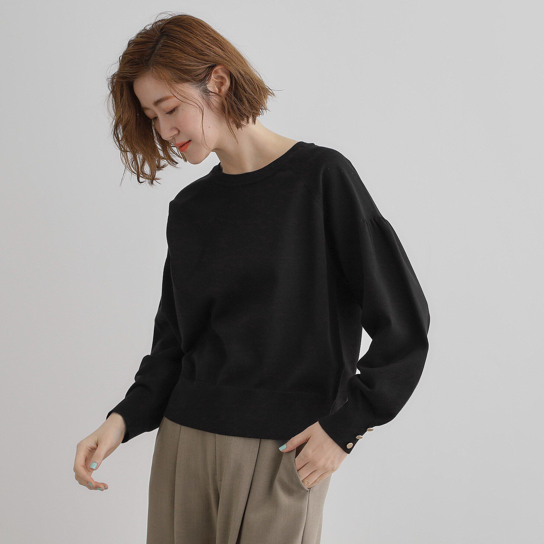 grove「袖口釦ボリュームスリーブクルーネックニット」|ニット・セーター|