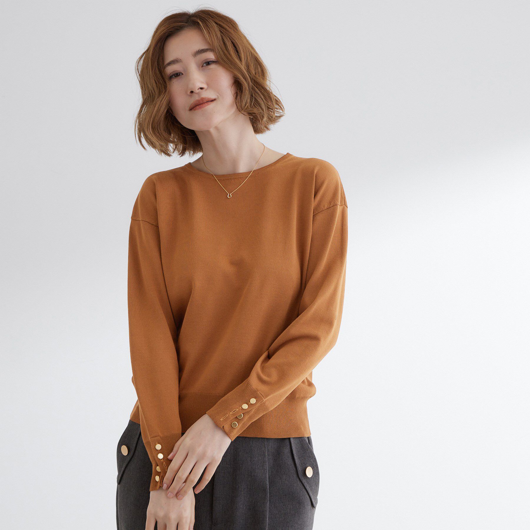 grove「ON/OFF毎日使える！袖口ボタンドロップショルダーニット」|ニット・セーター|