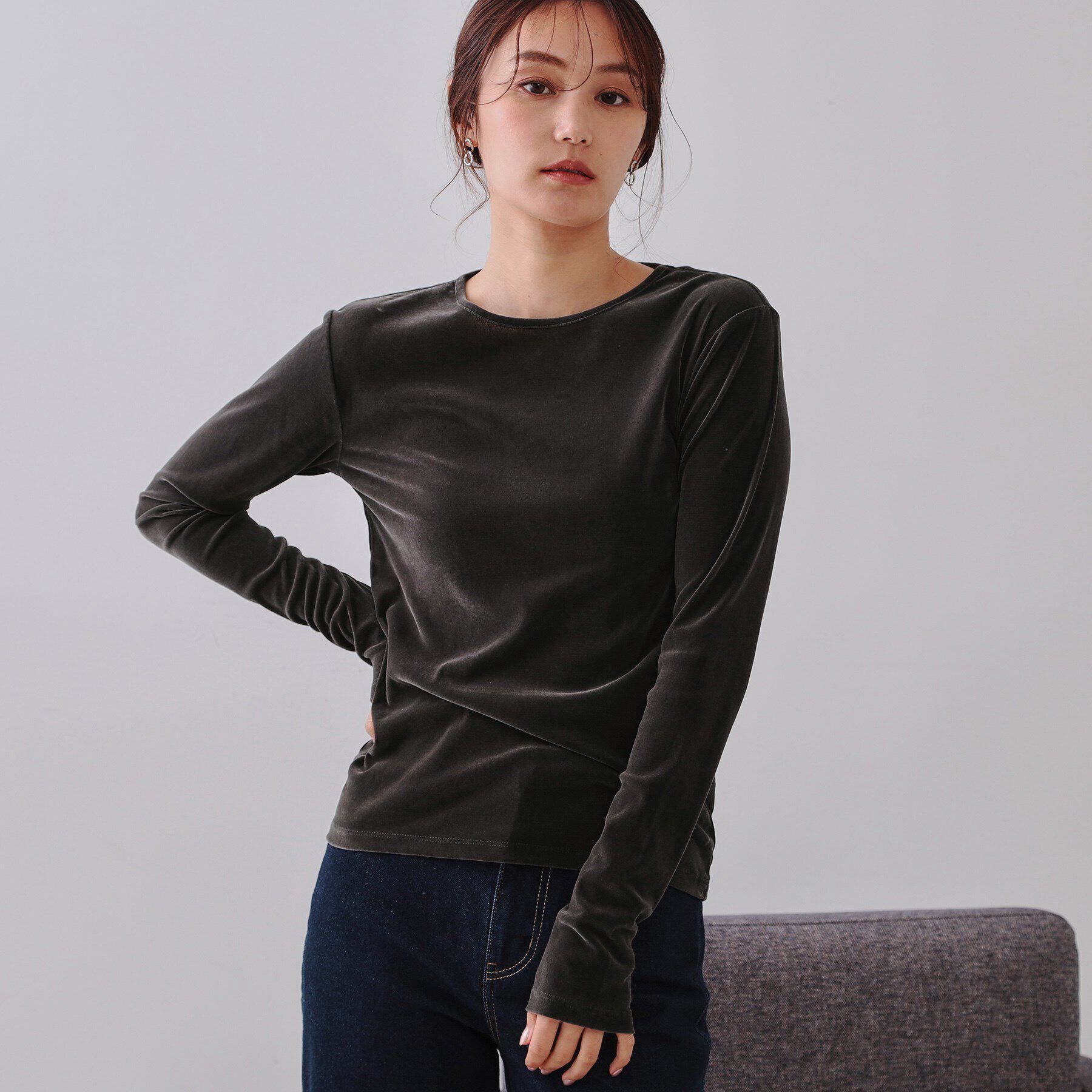 OPAQUE.CLIP「シアーベロアトップス【洗濯機洗い可】」|Tシャツ・カットソー|チャコールグレー(0