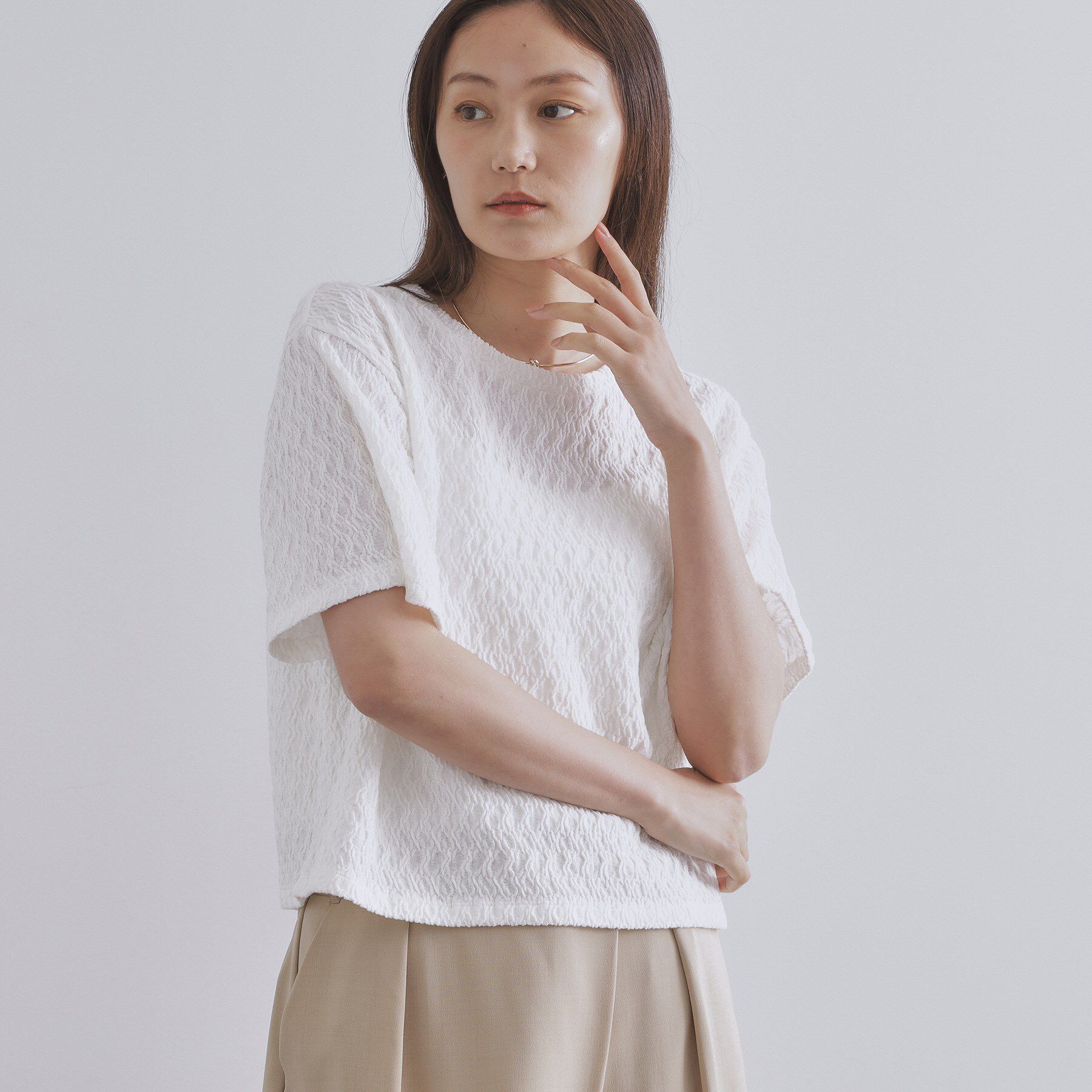 OPAQUE.CLIP「ふくれジャカードトップス【洗濯機洗い可】」|Tシャツ・カットソー|ホワイト(001)