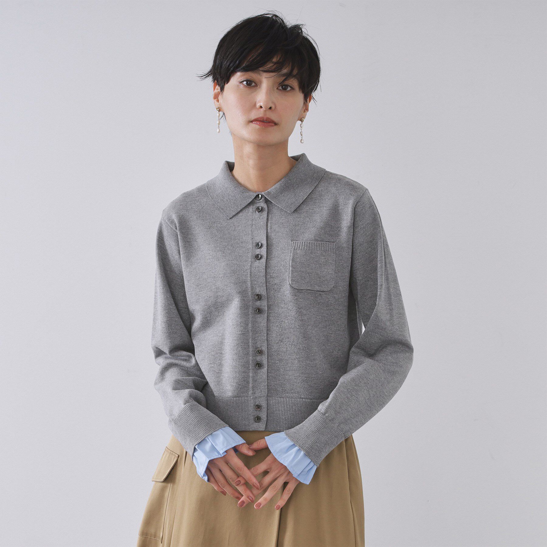 OPAQUE.CLIP「袖口ドッキング ポロ衿デザインニット【洗濯機OK】」|ニット・セーター|