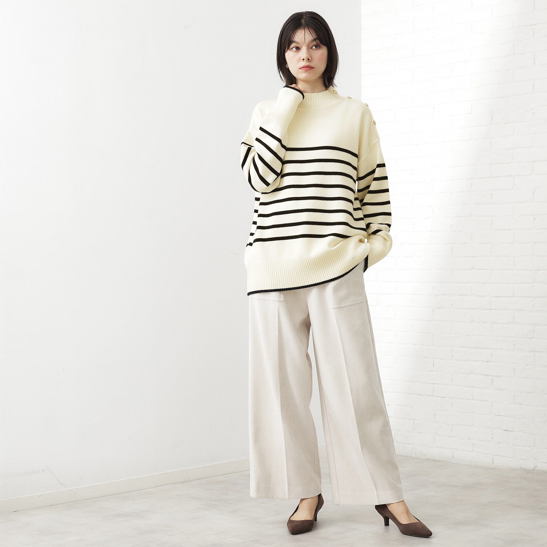 THE SHOP TK「【インしないで着られる】金ボタン ハイネックニット/毛玉になりにくい/静電気防止/洗濯機OK」|ニット・セーター|