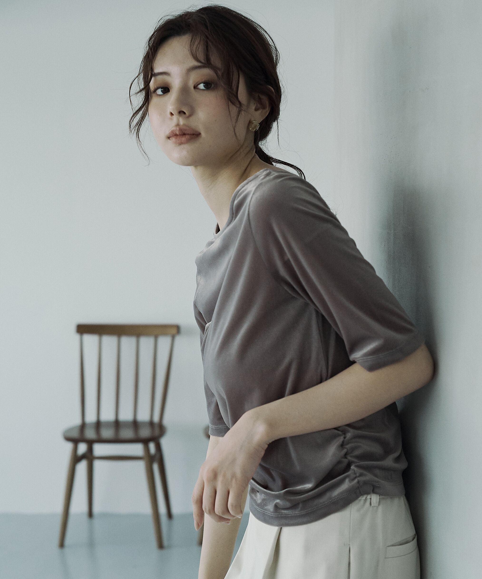 PROPORTION BODY DRESSING「＜ハンドウォッシャブル＞シアーベロア5分袖トップス」|Tシャツ・カットソー|