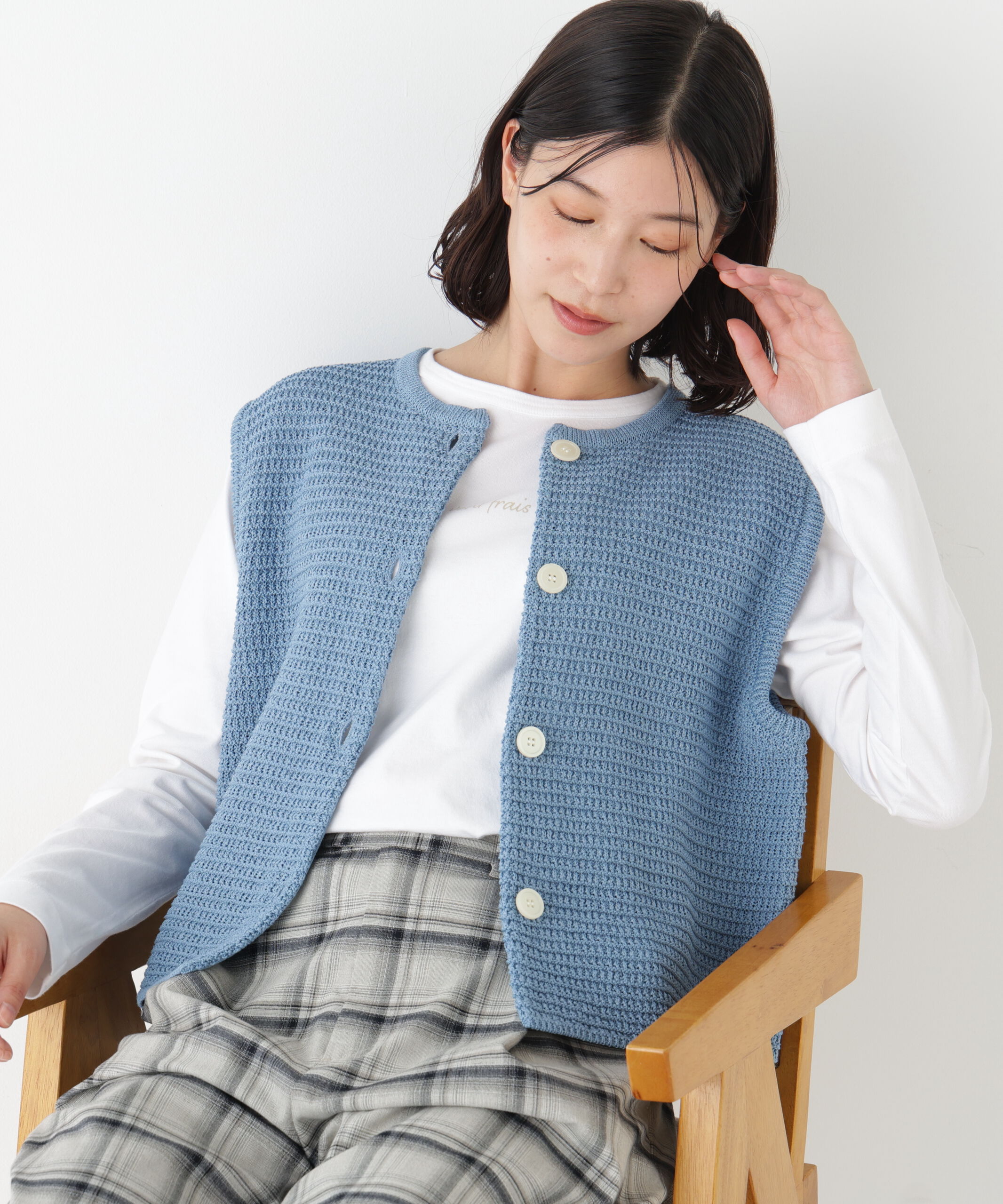 「◆ギマコットン地柄ベスト」|ニット・セーター|ブルー