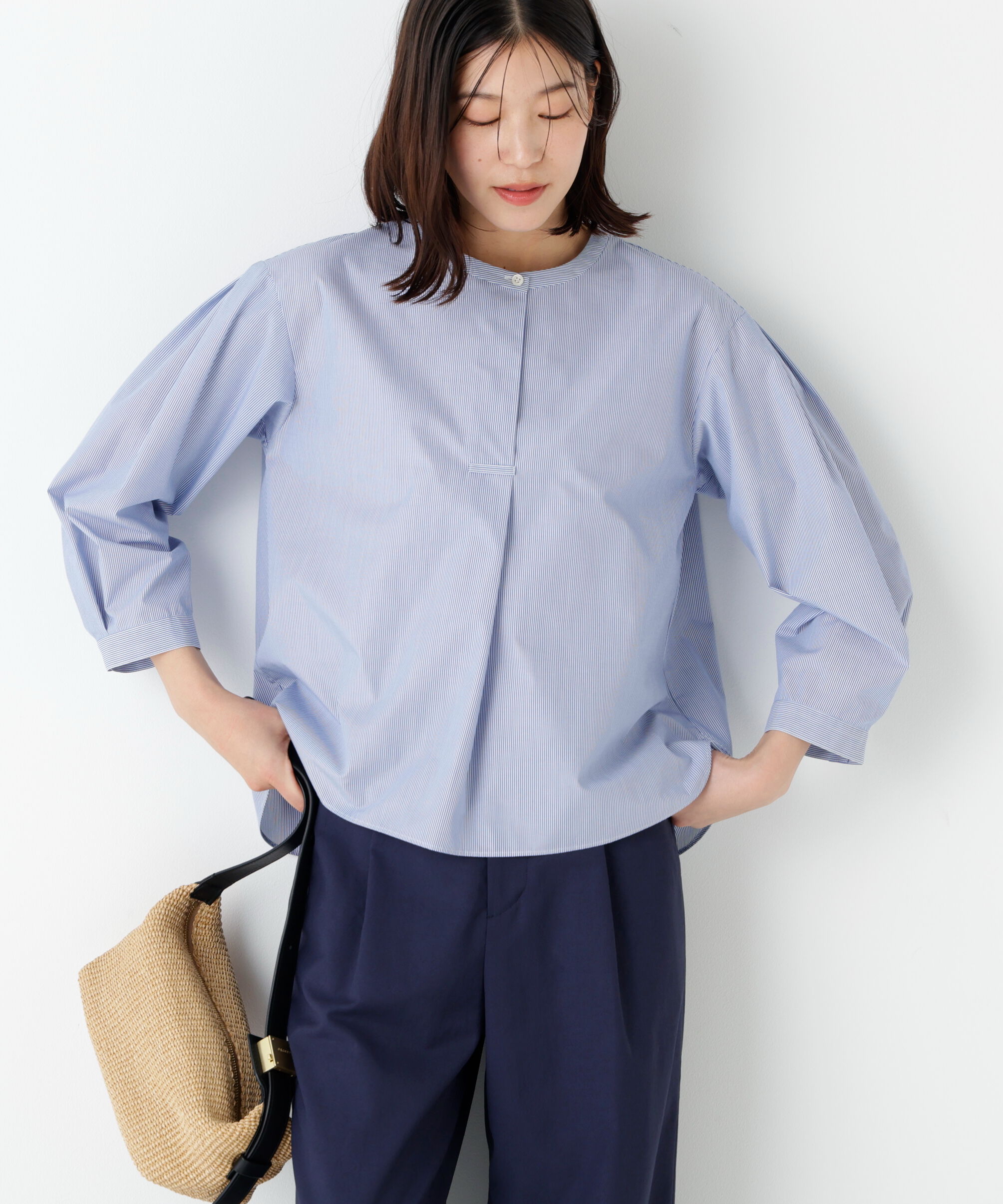  「◆綿ポリエステル先染ノーカラーブラウス」|シャツ・ブラウス|