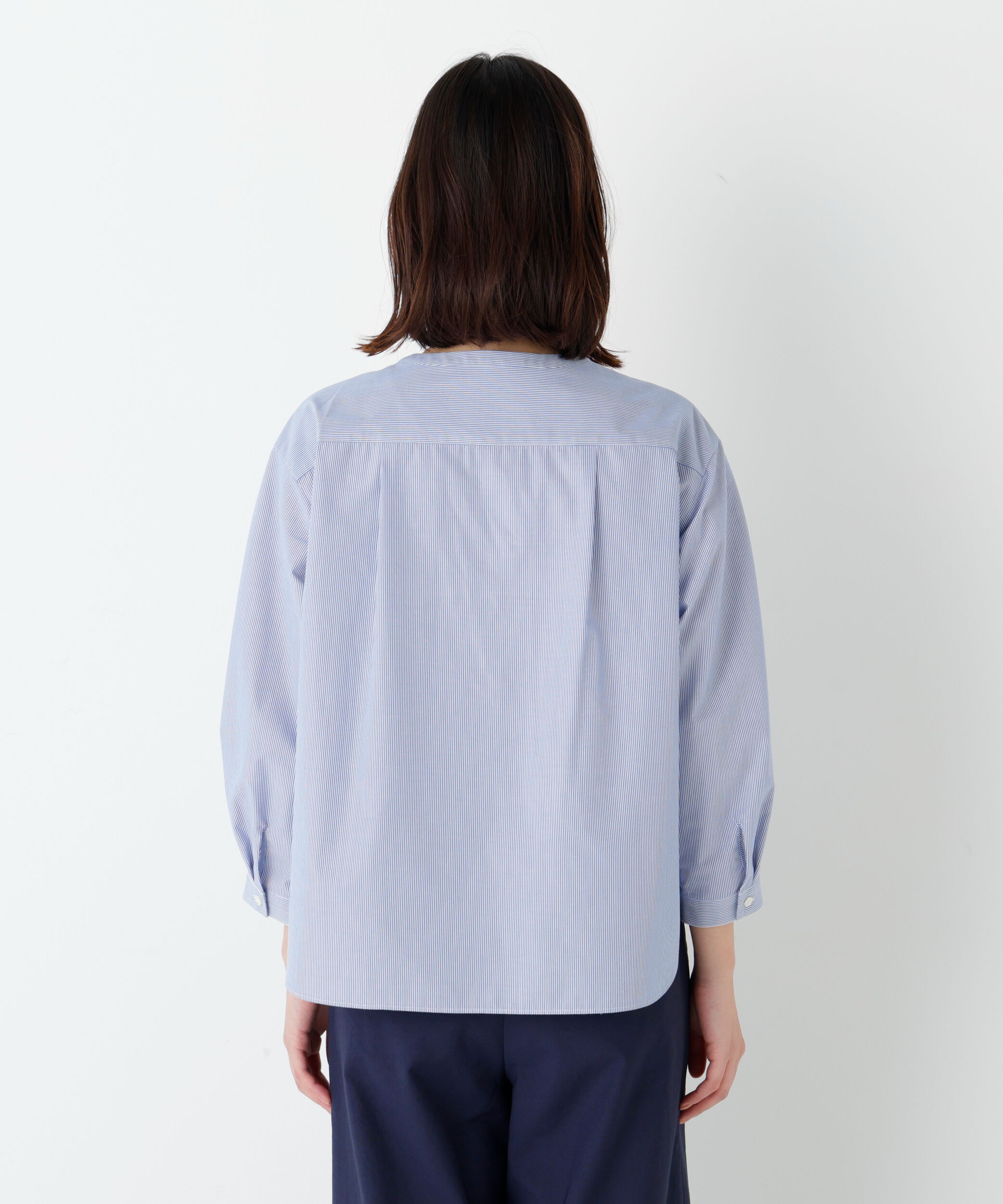  「◆綿ポリエステル先染ノーカラーブラウス」|シャツ・ブラウス|