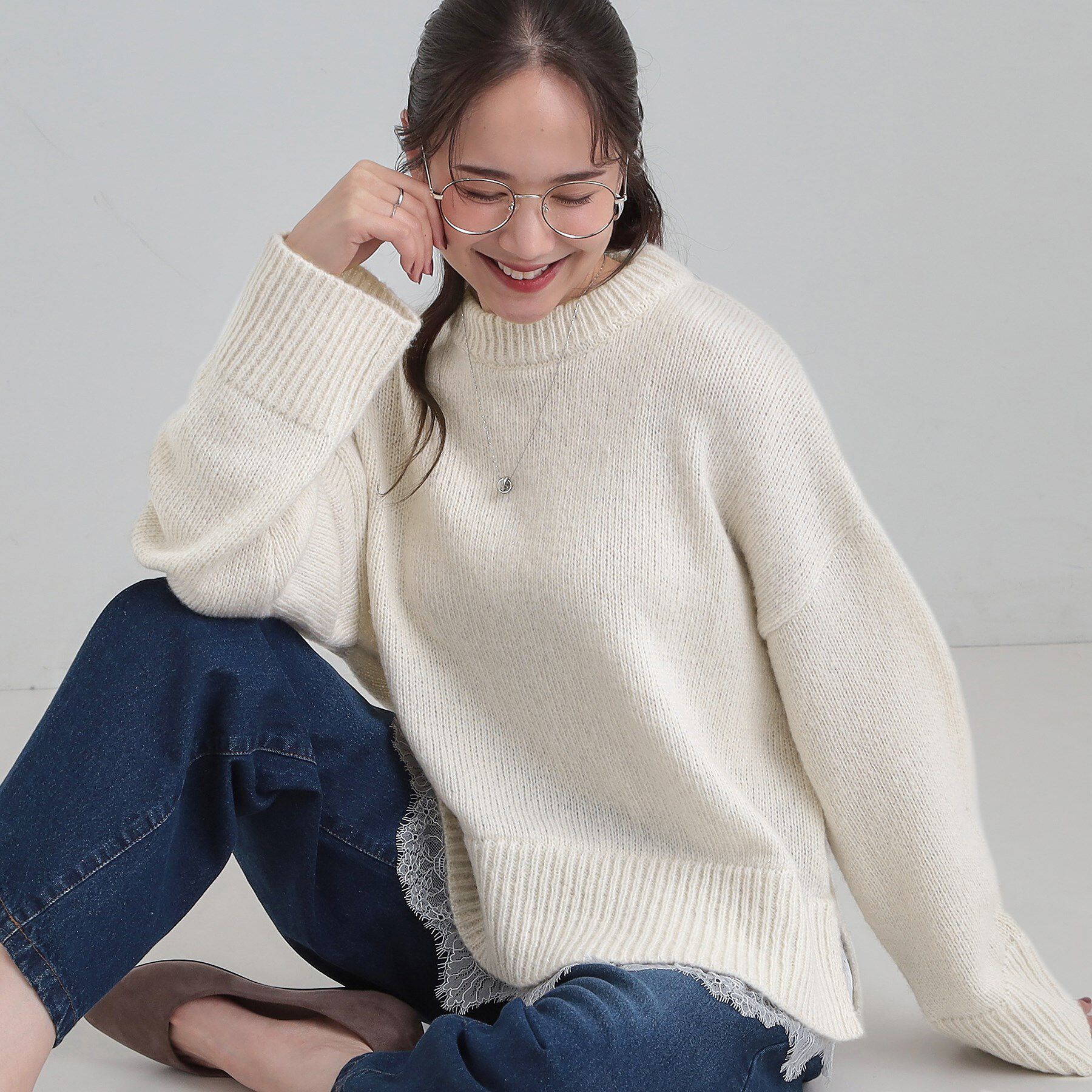 SHOO･LA･RUE「【S-LL】インせず着られる 裾レースラメニット」|ニット・セーター|オフホワイト(003