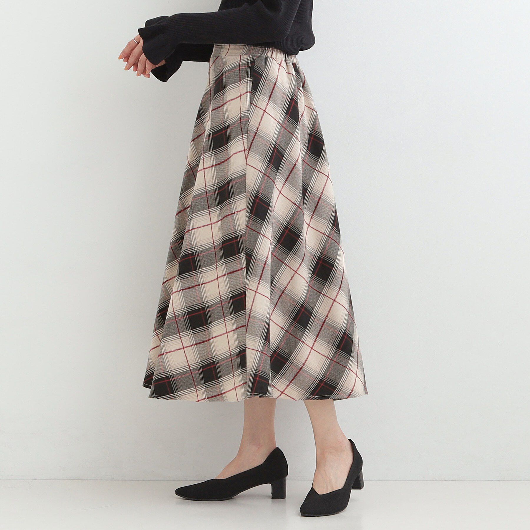 SHOO･LA･RUE「【S-LL】立体感が際立つ モールチェックフレアスカート」|スカート|