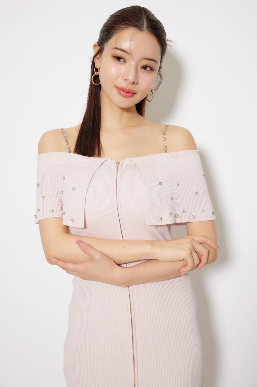 rienda「2WAYオフショルビジューカラーハーフスリーブニットワンピース」|ワンピース|