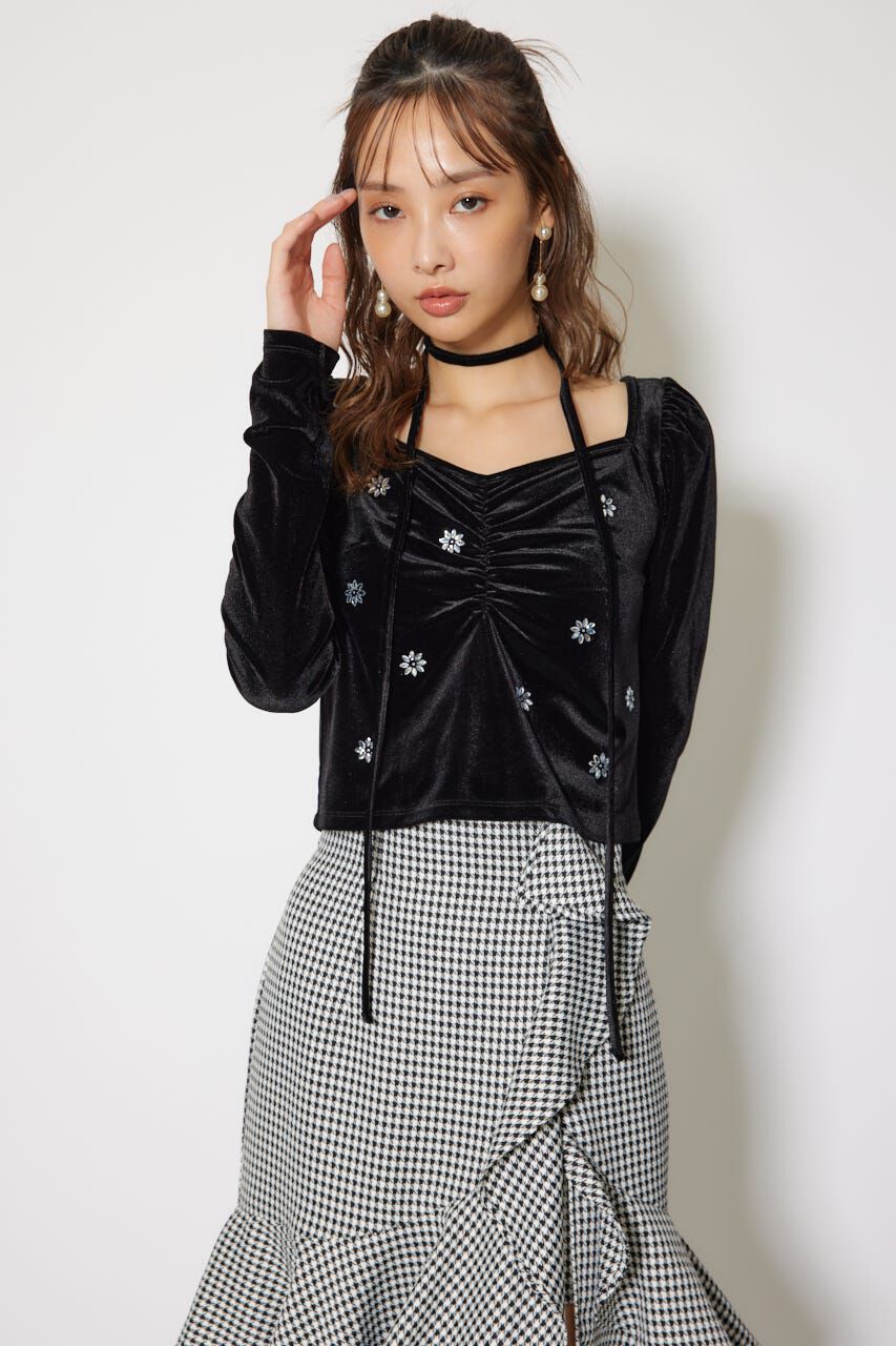 rienda「チョーカーセットフラワービジューベロアトップス」|Tシャツ・カットソー|