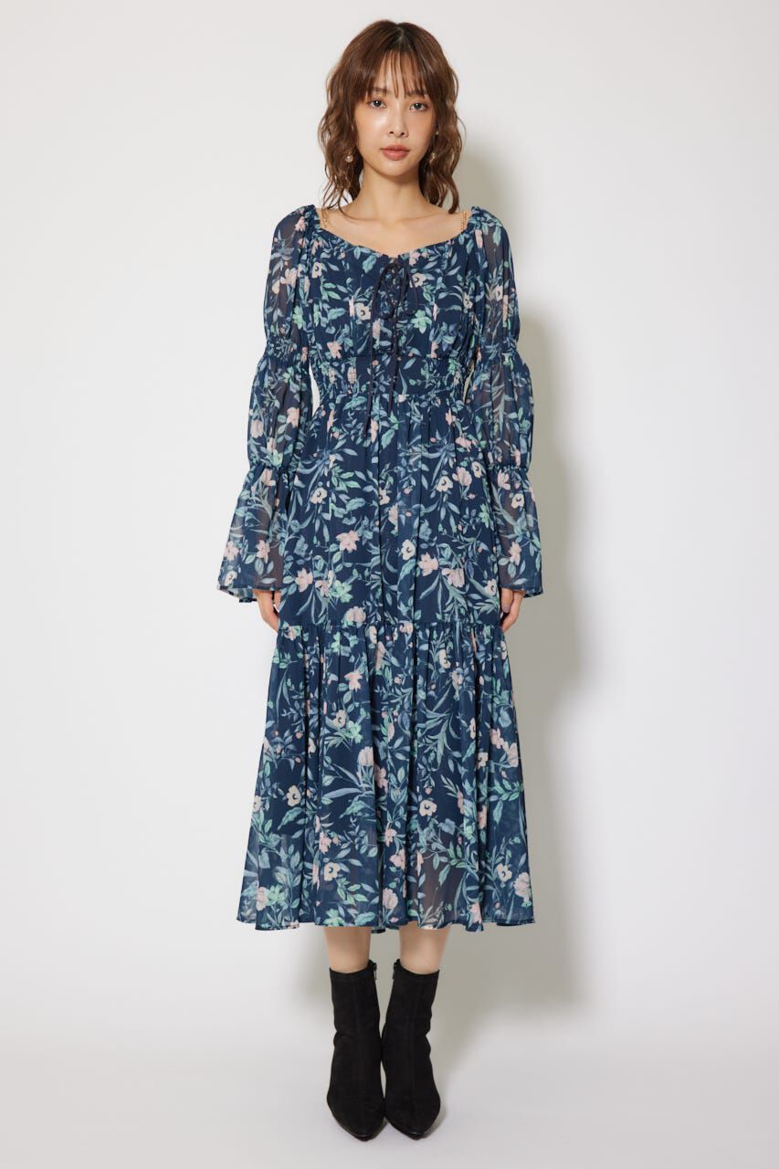 rienda「レースアップフラワーパターンフレアワンピース」|ワンピース|