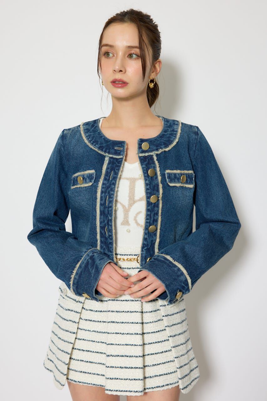 rienda「ノーカラーフリンジデニムジャケット」|デニムジャケット|