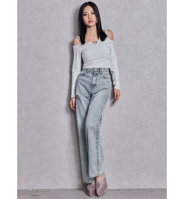 GYDA「ハイウエストBACK LACE UPストレートデニムパンツ」|デニム|