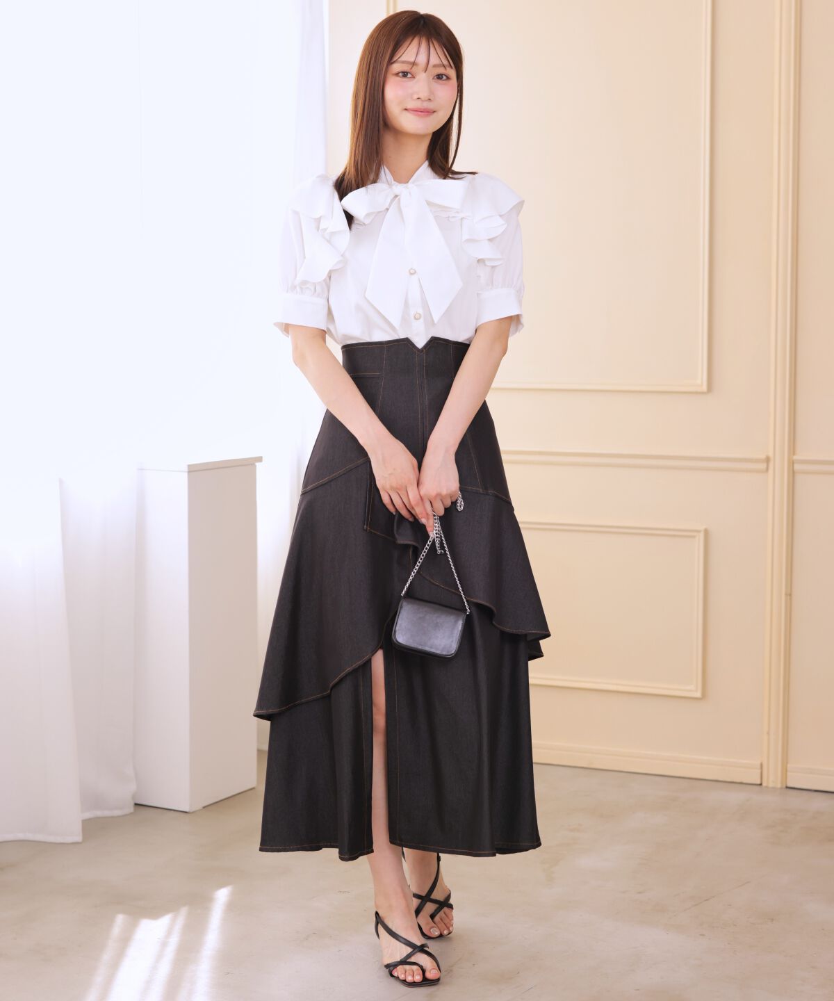 アンドクチュール「デニムライクレイヤードフリルスカート」|フレア|