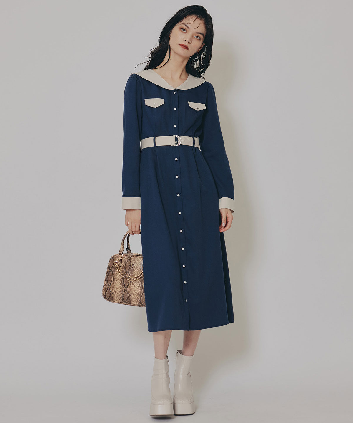 REDYAZEL「BIGセーラーカラーロングワンピース」|ワンピース|ネイビー