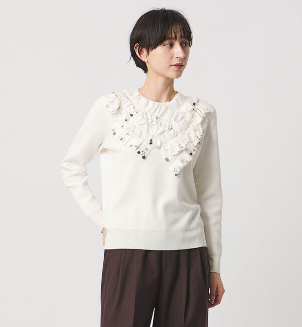 UNITED ARROWS「フリル ビジュー ニット」|ニット・セーター|OFF WHITE