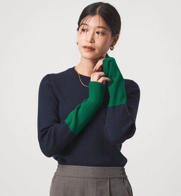 UNITED ARROWS green label relaxing「【WEB限定】＜at ease＞バイカラー クルーネック プルオーバー ニット」|ニット・セーター|NAVY