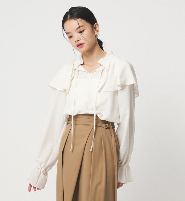 EMMEL REFINES「＜EMMEL REFINES＞EM フィブリルサテン ネックタック フリル ブラウス」|シャツ・ブラウス|WHITE