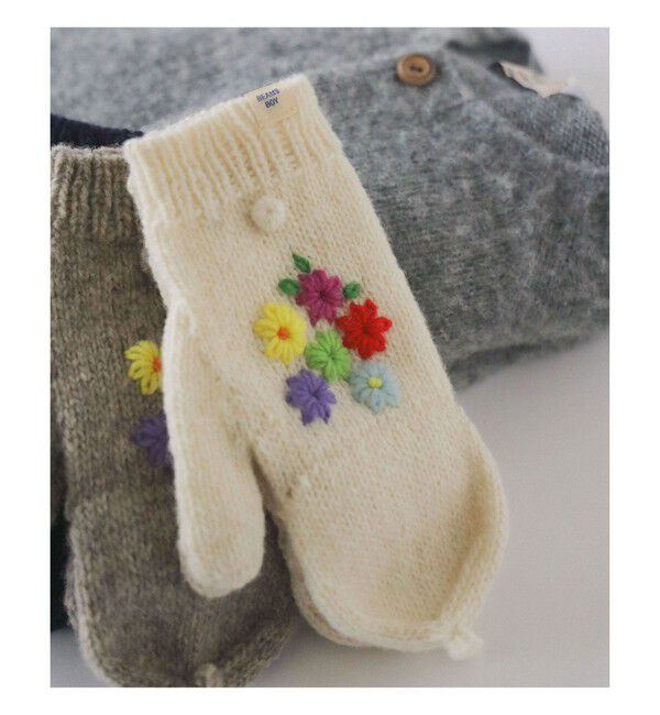 BEAMSBOY「手編み フラワー刺繍 ミトン」|手袋|OFF_WHT