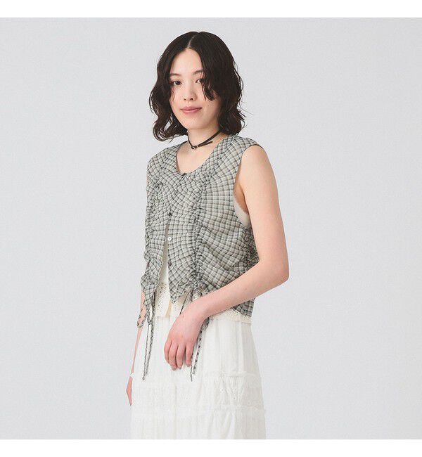 Ray BEAMS 「チェック ギャザー ノースリーブ ブラウス」|タンクトップ|